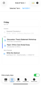 The Agenda: a tappable scope menu reading End of Term in the title bar, a term picker, a swipeable day card grouped into Classes, Due and Work Planned, and a Hide empty days toggle at the bottom.