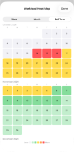The Workload Heat Map sheet in Full Term view—a month-by-month grid with each day shaded by workload, and a Less-to-More color legend at the bottom.
