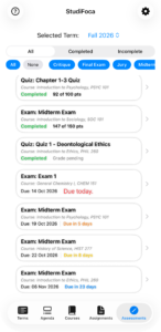 The Assessments tab: a term picker, a status filter of All, Completed and Incomplete, a row of assessment type pills, and a list of assessment cards each showing title, course, and due status.