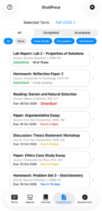 The Assignments tab: a term picker, a status filter of All, Completed and Incomplete, a row of type filter pills, and a list of assignment cards each showing title, course, and due status.