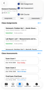 The course detail view with its menu open over the assignment and assessment lists.