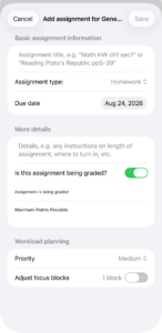 The blank Add Assignment form in three sections—Basic assignment information, More details, and Workload planning—with Save grayed out until the required fields are filled.