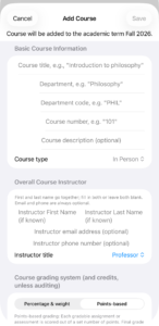 The top of the Add Course form, headed by a banner naming the term the course will be added to, with Save grayed out.