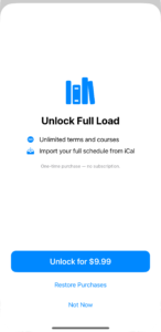 The Full Load purchase screen, with two benefit lines above a one-time-purchase note and three actions: Unlock for .99, Restore Purchases, and Not Now.