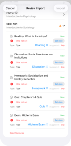 The import review screen, listing courses as expandable rows with a warning indicator on any item needing attention and an Import button at the bottom.