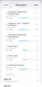 The review screen with a course expanded, showing each item's title, its suggested type, and its due date.