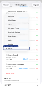 The type picker open, showing the full list of assessment types to choose from.