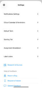StudiFoca Settings sheet, top of the root list: Notifications Settings, iCloud Calendar and Reminders, Default Term, Starting Tab, Assignment Breakdown, Label colors, then a Research and Sources link and the beginning of the Help and Feedback section.