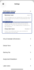 Notifications Settings expanded, with two annotated groups. The first, labeled StudiFoca notifications, shows Reminder level set to Low, described as a morning digest each day plus a weekly Sunday morning summary. The second, labeled Apple's own alerts, shows iCloud alert level set to Medium, described as an alert 1 hour before each class and a reminder the evening before each due date.