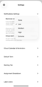The Settings sheet with Notifications Settings expanded and the reminder level picker open over it, listing None, Low, Medium, High and Extreme, with Low selected.