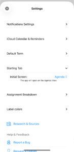 Starting Tab expanded, showing Initial Screen set to Agenda, with a note that the app will open on the Agenda view.