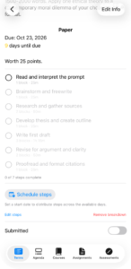 The same assignment after Start Working: seven generated steps, each with a block count and time estimate, with only the first active and the rest dimmed until it's done. Below are a Schedule steps button and Edit steps and Remove breakdown links.