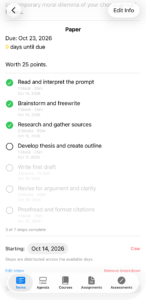 The same step list partway through: three steps checked off, the fourth active, the rest still dimmed, and each step now carrying a scheduled date. A Starting date field appears below with a Clear option.