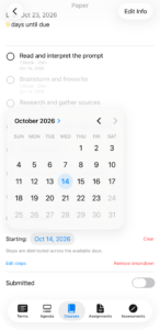 A date picker open over the step list, showing October 2026 with the 14th selected and dates after the assignment's due date grayed out, above a Starting field reading Oct 14, 2026.