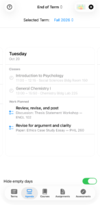 The Agenda for a day with no due items, showing two class meetings and a Work Planned section listing two scheduled steps, each labeled with the assignment and course it belongs to.
