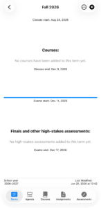 The term detail view, with date ranges at top, a Courses section, and a Finals and other high-stakes assessments section below a divider.