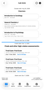 The same term detail view populated, with courses listed by title, code and meeting times, and finals listed below the divider.